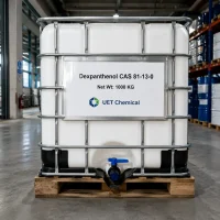 dexpanthenol-cas-81-13-0-1000kg-ibc-tote-warehouse 1000 kg IBC tote of Dexpanthenol, provitamin B5 (CAS 81-13-0), on a pallet in UET Chemical warehouse