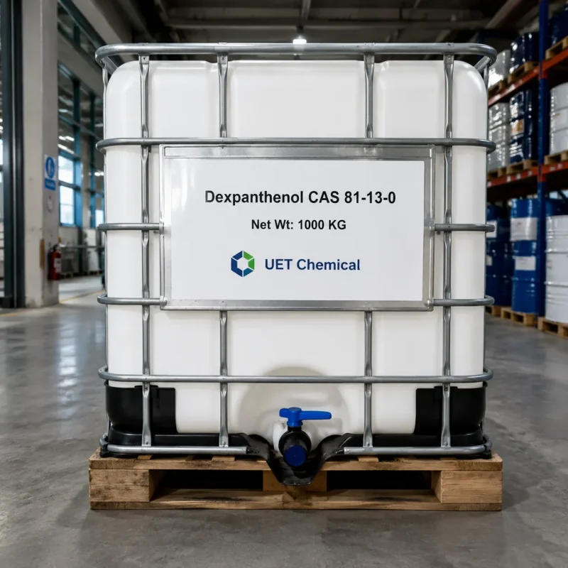 dexpanthenol-cas-81-13-0-1000kg-ibc-tote-warehouse 1000 kg IBC tote of Dexpanthenol, provitamin B5 (CAS 81-13-0), on a pallet in UET Chemical warehouse