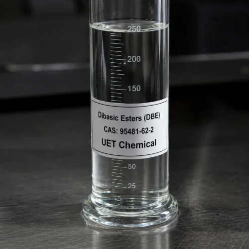 Clear liquid sample of Dibasic Esters (DBE) CAS 95481-62-2 in a transparent glass graduated cylinder on a dark lab bench, label showing UET Chemical branding.