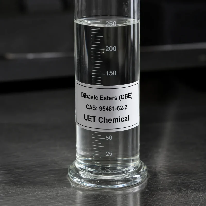 dibasic-esters-dbe-cas-95481-62-2-clear-liquid-sample Clear liquid sample of Dibasic Esters (DBE) CAS 95481-62-2 in a transparent glass graduated cylinder on a dark lab bench, label showing UET Chemical branding.