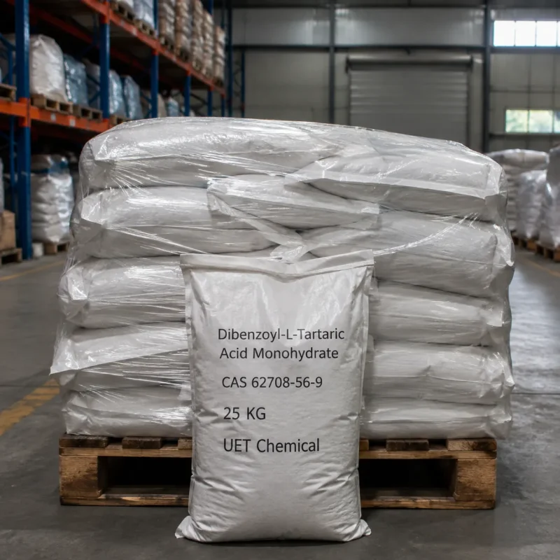 dibenzoyl-l-tartaric-acid-monohydrate-25kg-bag-warehouse Stack of 25kg white woven bags of Dibenzoyl-L-Tartaric Acid Monohydrate (CAS 62708-56-9) on wooden pallet in industrial warehouse, UET Chemical brand