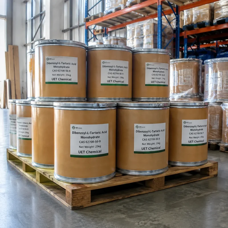 dibenzoyl-l-tartaric-acid-monohydrate-25kg-drum-pallet Multiple 25kg brown metal drums of Dibenzoyl-L-Tartaric Acid Monohydrate (CAS 62708-56-9) stacked on pallet, labeled UET Chemical, in chemical storage facility