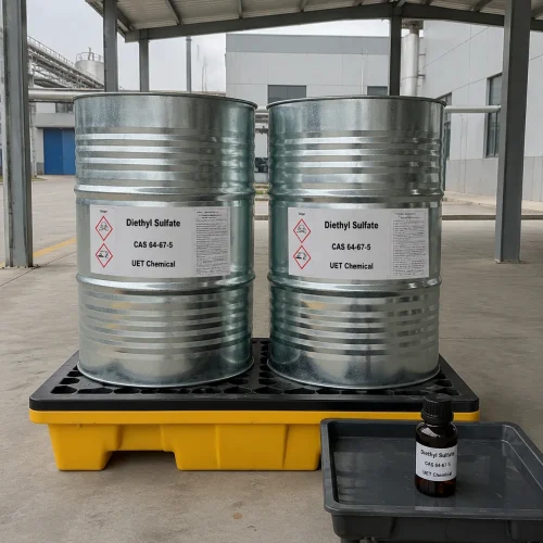 diethyl-sulfate-cas-64-67-5-200kg-steel-drum-packaging Diethyl Sulfate CAS 64-67-5 packaged in UN compliant steel drums with hazard labels for safe chemical transportation.
