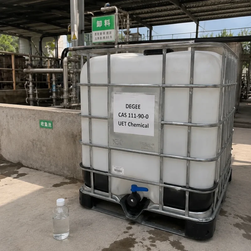 diethylene-glycol-monoethyl-ether-degee-cas-111-90-0-1000l-ibc-tote-tank Diethylene Glycol Monoethyl Ether DEGEE CAS 111-90-0 stored in a 1000L IBC tote tank with steel cage for bulk chemical transportation
