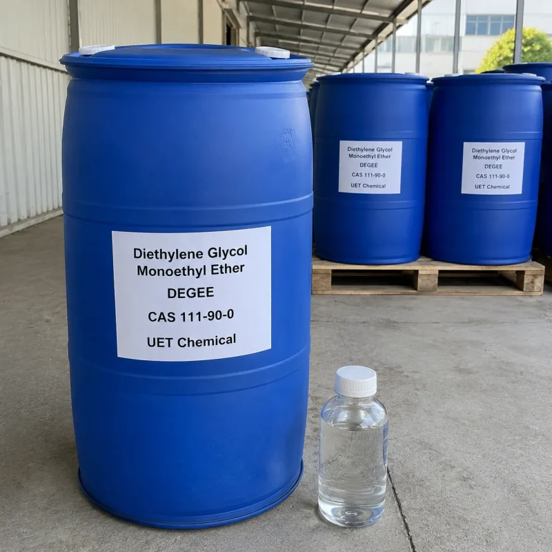 diethylene-glycol-monoethyl-ether-degee-cas-111-90-0-200kg-drum-packaging Diethylene Glycol Monoethyl Ether DEGEE CAS 111-90-0 packed in 200kg blue HDPE drums with industrial chemical labeling for export supply