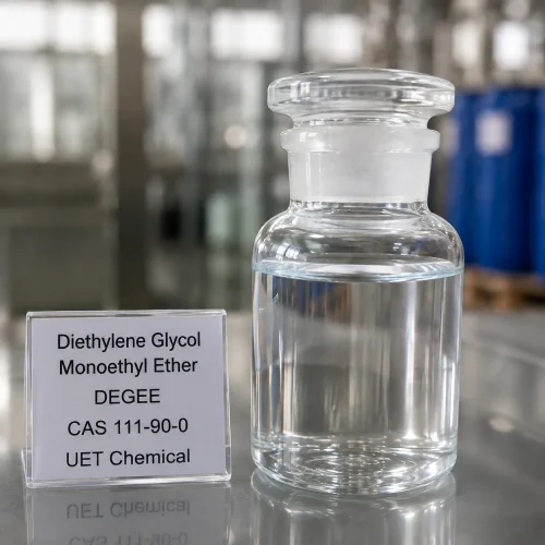 Diethylene Glycol Monoethyl Ether DEGEE CAS 111-90-0 clear colorless liquid sample displayed in a glass bottle for chemical material identification