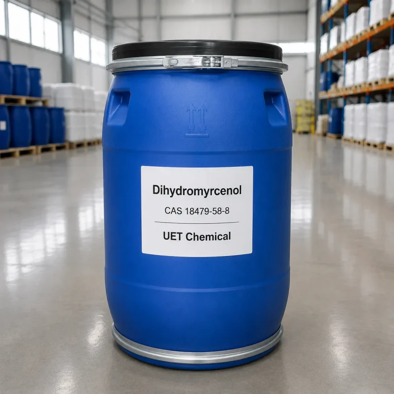 dihydromyrcenol-cas-18479-58-8-blue-plastic-drum-packaging Dihydromyrcenol CAS 18479-58-8 packed in 200L blue plastic drum for bulk shipment, UET Chemical