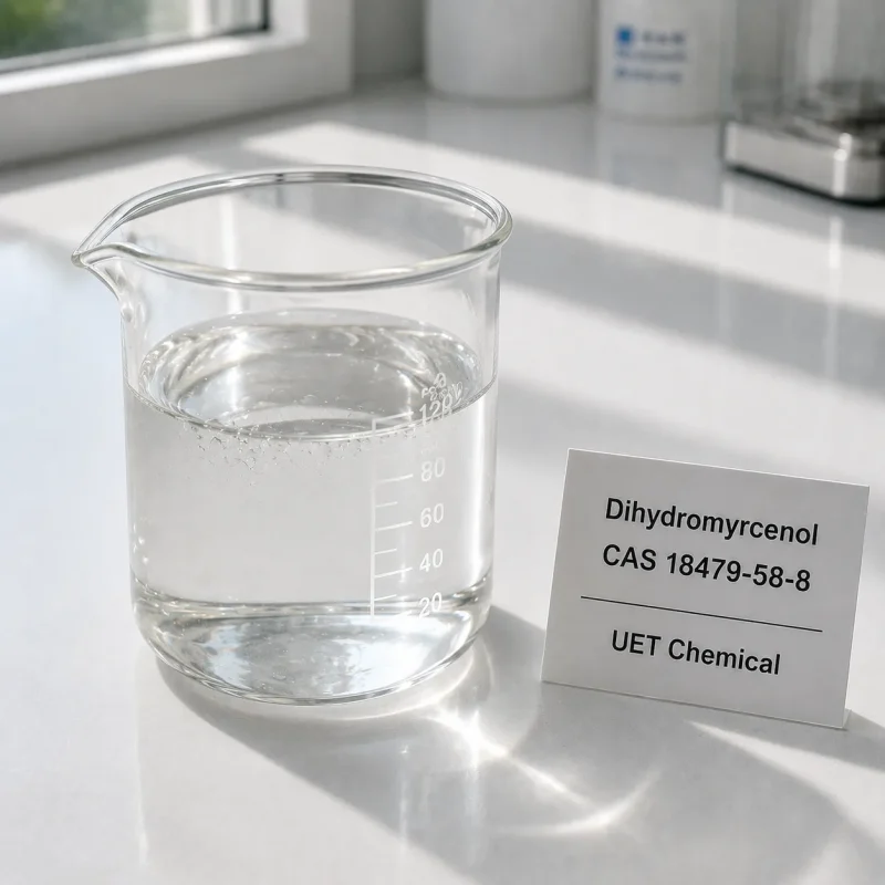 dihydromyrcenol-cas-18479-58-8-colorless-liquid-sample Colorless liquid Dihydromyrcenol CAS 18479-58-8 sample in glass beaker, fragrance grade raw material