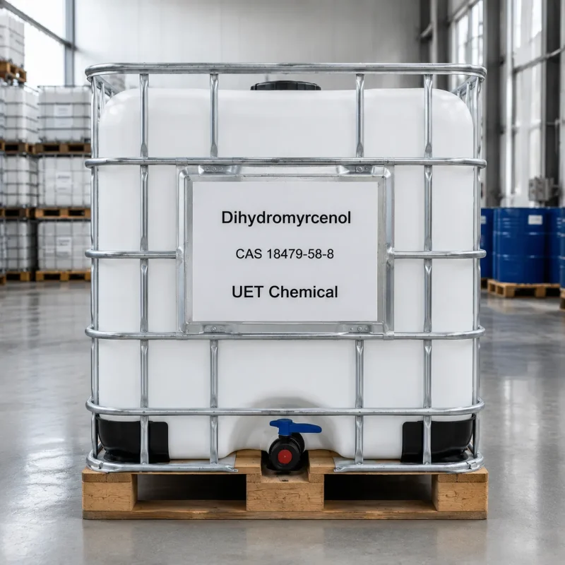 dihydromyrcenol-cas-18479-58-8-ibc-tote-bulk-packaging Dihydromyrcenol CAS 18479-58-8 bulk packaging in 1000L IBC tote tank on wooden pallet, UET Chemical