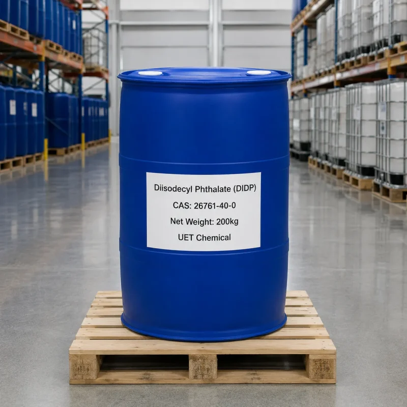 diisodecyl-phthalate-didp-cas-26761-40-0-200kg-blue-drum-packaging Single 200kg blue plastic drum of Diisodecyl Phthalate (DIDP) CAS 26761-40-0 on a wooden pallet in a warehouse, labeled with UET Chemical brand.
