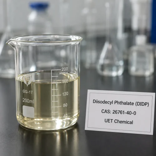 diisodecyl-phthalate-didp-cas-26761-40-0-liquid-sample-lab Clear pale yellow liquid sample of Diisodecyl Phthalate (DIDP) CAS 26761-40-0 in a glass beaker on a lab bench, with product label showing UET Chemical branding.