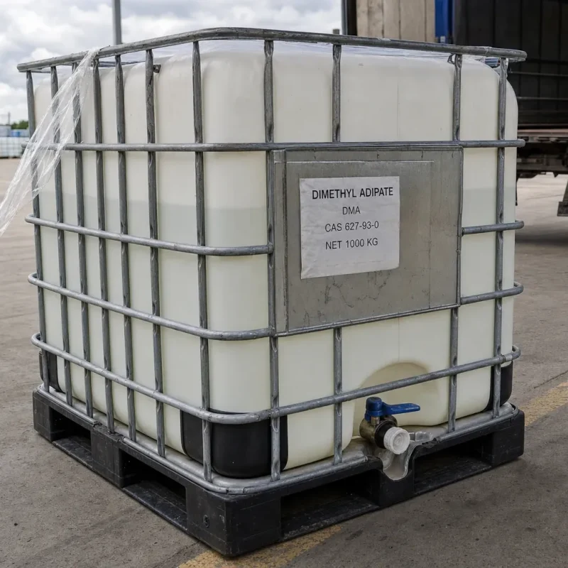 dimethyl-adipate-dma-cas-627-93-0-1000kg-ibc-tote-bulk-liquid 1000kg IBC tote of Dimethyl Adipate (DMA) CAS 627-93-0 in a galvanized metal cage with a blue bottom discharge valve, designed for convenient bulk liquid solvent transport and storage.