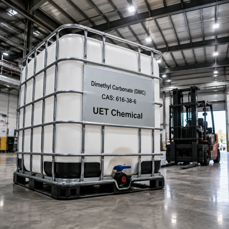 dimethyl-carbonate-dmc-cas-616-38-6-1000kg-white-ibc-tote-tank White IBC tote tank of Dimethyl Carbonate (DMC) CAS 616-38-6 on black pallet in warehouse, label showing UET Chemical branding and forklift in background.