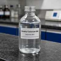 dimethyl-carbonate-dmc-cas-616-38-6-clear-liquid-sample-glass-bottle Clear liquid sample of Dimethyl Carbonate (DMC) CAS 616-38-6 in a transparent glass bottle with metal cap on a lab bench, label showing product name and CAS number.