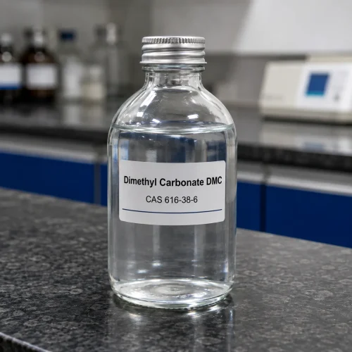 Clear liquid sample of Dimethyl Carbonate (DMC) CAS 616-38-6 in a transparent glass bottle with metal cap on a lab bench, label showing product name and CAS number.