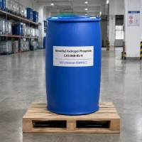 Single blue plastic drum of Dimethyl Hydrogen Phosphite CAS 868-85-9 on a wooden pallet in a warehouse, label showing UET Chemical branding and Chinese characters.