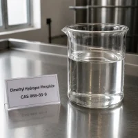 Clear liquid sample of Dimethyl Hydrogen Phosphite CAS 868-85-9 in a transparent glass beaker on a metal lab bench, next to a label card showing product name and CAS number.