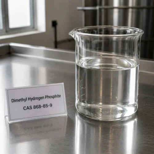 dimethyl-hydrogen-phosphite-cas-868-85-9-clear-liquid-sample-beaker Clear liquid sample of Dimethyl Hydrogen Phosphite CAS 868-85-9 in a transparent glass beaker on a metal lab bench, next to a label card showing product name and CAS number.