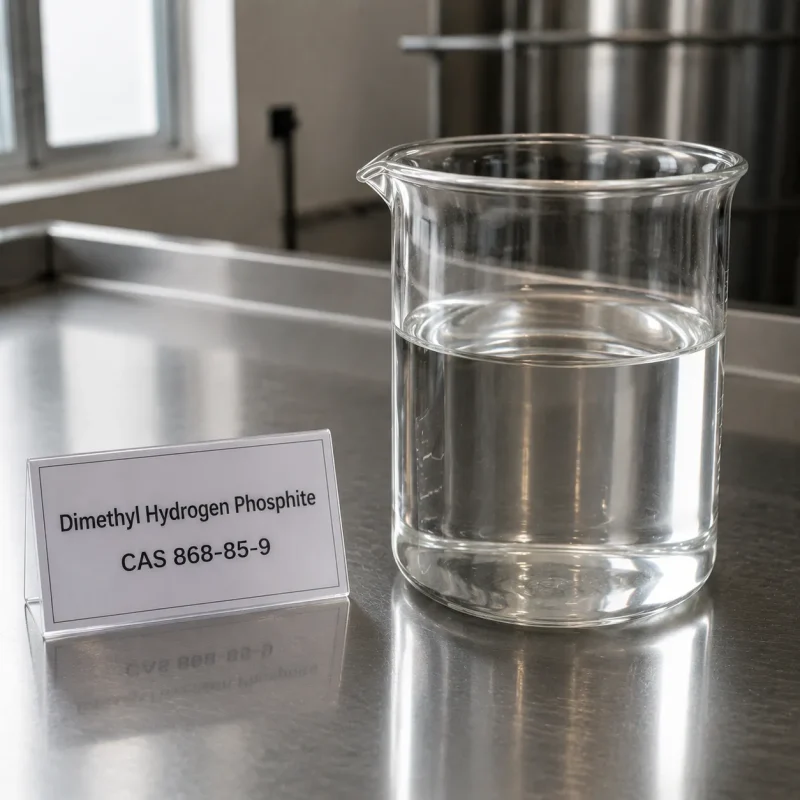 Clear liquid sample of Dimethyl Hydrogen Phosphite CAS 868-85-9 in a transparent glass beaker on a metal lab bench, next to a label card showing product name and CAS number.