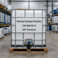 White IBC tote of Dimethyl Hydrogen Phosphite CAS 868-85-9 with metal cage and discharge valve, labeled UET Chemical, positioned on a wooden pallet inside a warehouse.