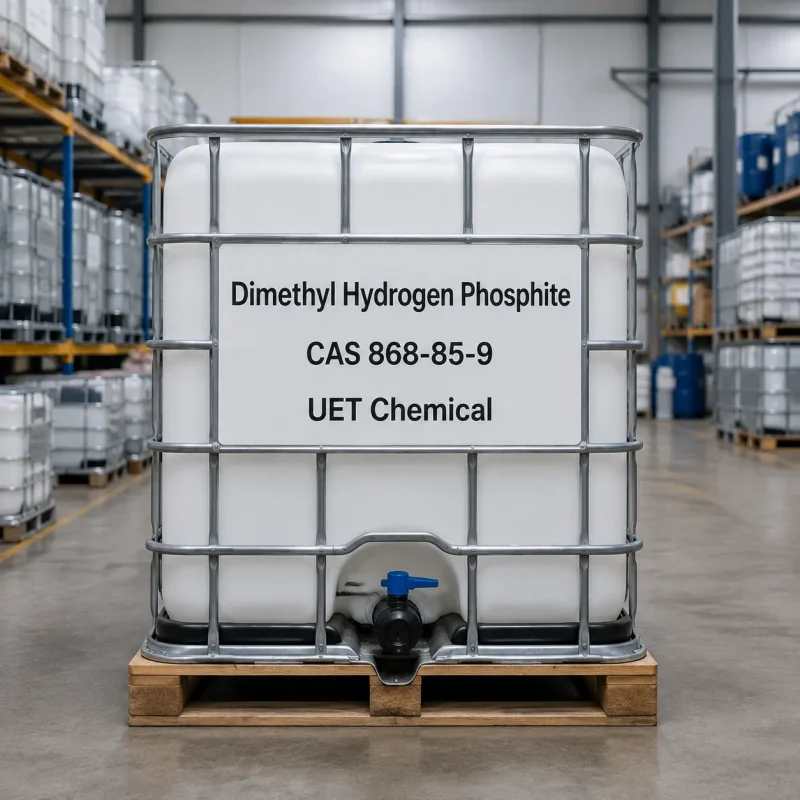White IBC tote of Dimethyl Hydrogen Phosphite CAS 868-85-9 with metal cage and discharge valve, labeled UET Chemical, positioned on a wooden pallet inside a warehouse.