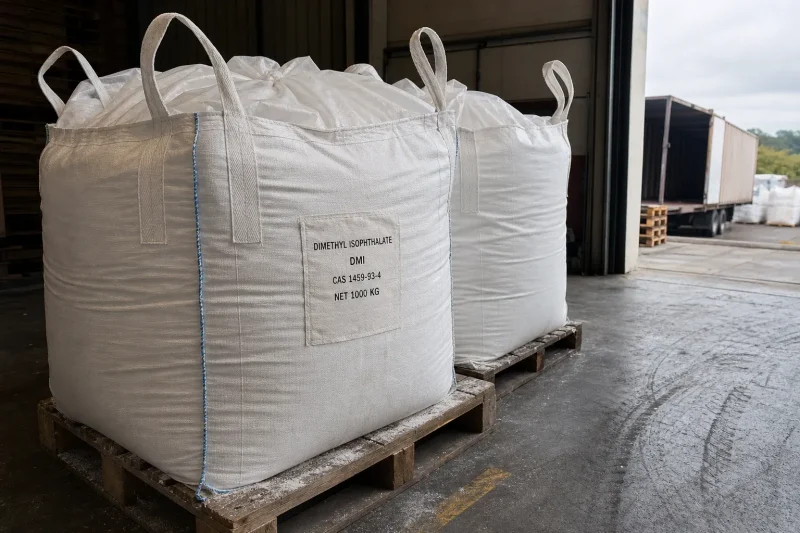 dimethyl-isophthalate-dmi-cas-1459-93-4-1000kg-ton-bags 1000kg FIBC ton bags of Dimethyl Isophthalate DMI CAS 1459-93-4 on pallets at loading dock, ready for truck loading
