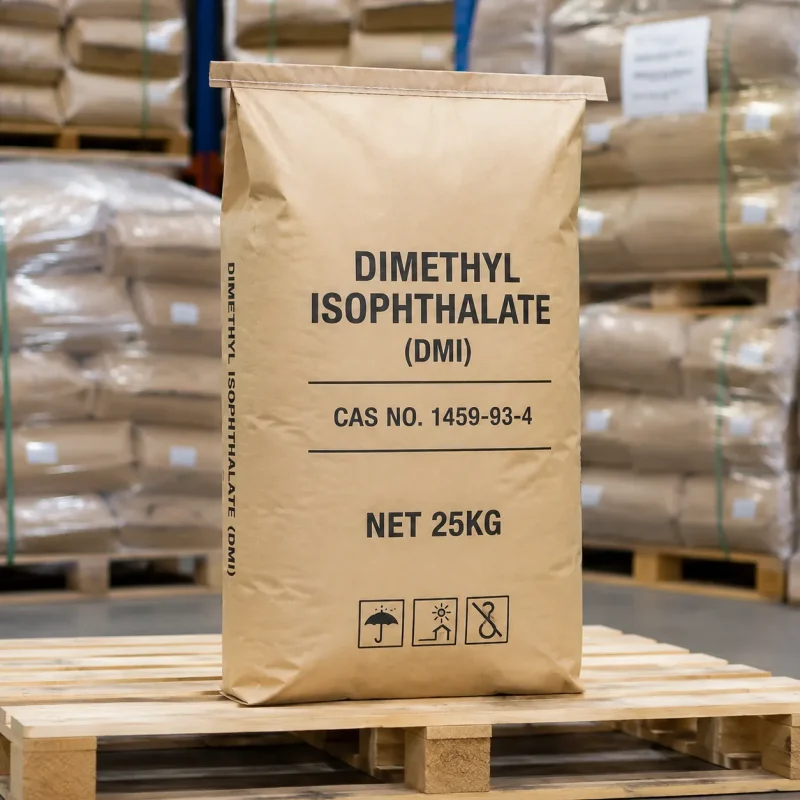 dimethyl-isophthalate-dmi-cas-1459-93-4-25kg-bag-packaging 25kg kraft paper bag of Dimethyl Isophthalate (DMI) CAS 1459-93-4 on wooden pallet, export packaging with handling icons