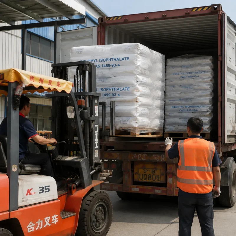 dimethyl-isophthalate-dmi-cas-1459-93-4-container-loading Chinese workers loading pallets of Dimethyl Isophthalate DMI CAS 1459-93-4 bags into container by forklift for export