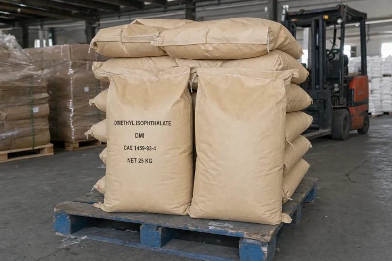 dimethyl-isophthalate-dmi-cas-1459-93-4-warehouse-stock Stacked 25kg kraft bags of Dimethyl Isophthalate DMI CAS 1459-93-4 on pallet in warehouse, forklift in background