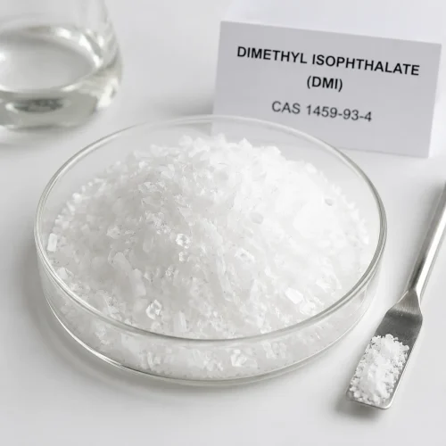 dimethyl-isophthalate-dmi-cas-1459-93-4-white-crystals High-purity white crystalline Dimethyl Isophthalate (DMI) CAS 1459-93-4 flakes in glass dish with spatula and label card