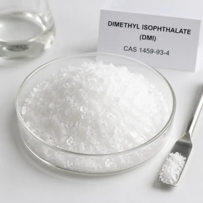 dimethyl-isophthalate-dmi-cas-1459-93-4-white-crystals High-purity white crystalline Dimethyl Isophthalate (DMI) CAS 1459-93-4 flakes in glass dish with spatula and label card