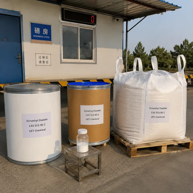 dimethyl-oxalate-cas-553-90-2-bulk-packaging-options-drums-ton-bags Various packaging options for Dimethyl Oxalate CAS 553-90-2 including white drums, brown fiber drums and bulk ton bags at chemical weighing station for industrial applications