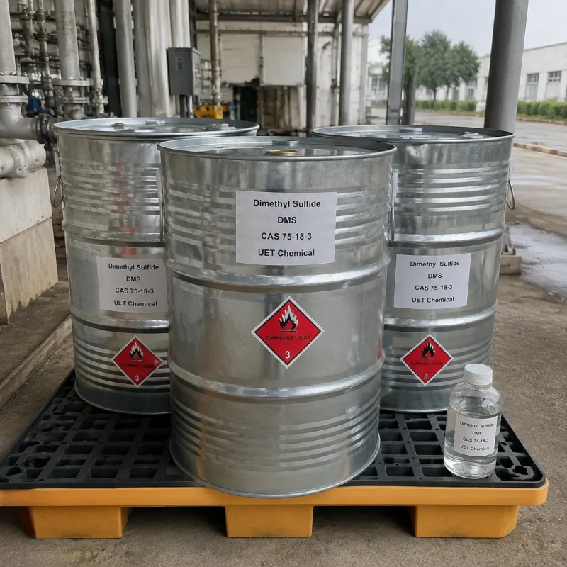 dimethyl-sulfide-dms-cas-75-18-3-steel-drum-packaging Dimethyl Sulfide DMS CAS 75-18-3 packaged in steel drums with flammable liquid labels and sample bottle for industrial chemical supply