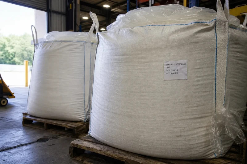 dimethyl-terephthalate-dmt-cas-120-61-6-1000kg-fibc-bags 1000kg FIBC bulk bags of Dimethyl Terephthalate DMT CAS 120-61-6 on wooden pallets at warehouse loading area