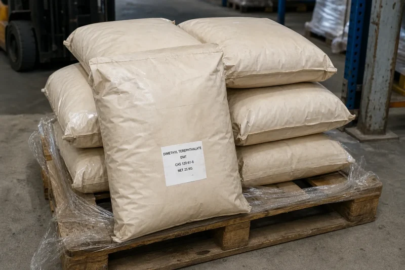 dimethyl-terephthalate-dmt-cas-120-61-6-25kg-bags-pallet 25kg bags of Dimethyl Terephthalate DMT CAS 120-61-6 stacked on stretch-wrapped wooden pallet in warehouse