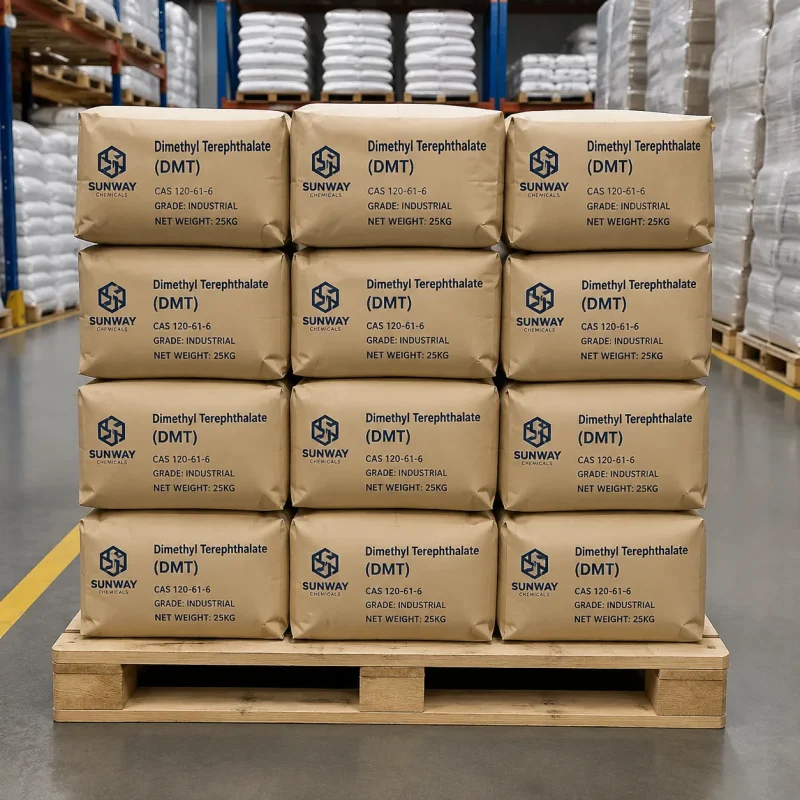 dimethyl-terephthalate-dmt-cas-120-61-6-pallet-stack Pallet stack of 25kg Dimethyl Terephthalate (DMT) CAS 120-61-6 industrial grade bags ready for export in warehouse