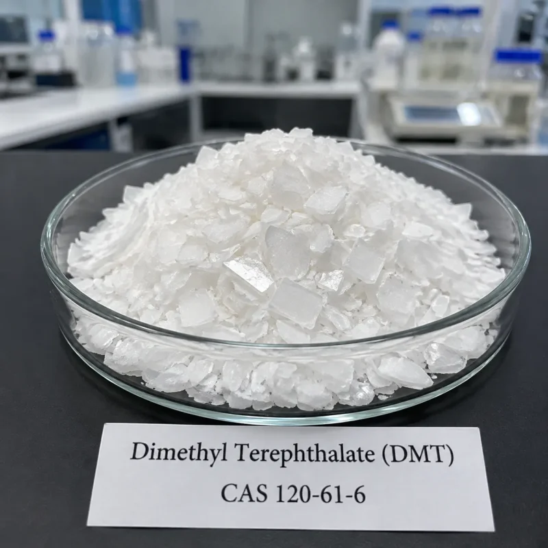 dimethyl-terephthalate-dmt-cas-120-61-6-white-crystals White crystalline Dimethyl Terephthalate (DMT) CAS 120-61-6 flakes in glass dish on lab bench with label card