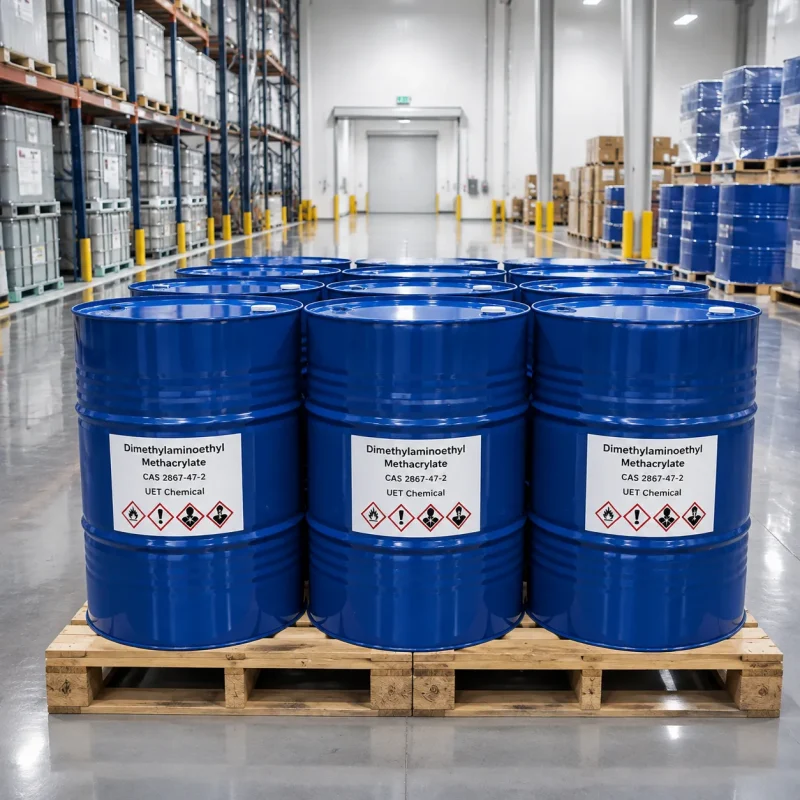 dimethylaminoethyl-methacrylate-cas-2867-47-2-blue-metal-drum-packaging Blue metal drums of Dimethylaminoethyl Methacrylate CAS 2867-47-2 on a wooden pallet in a warehouse, labels showing UET Chemical branding and hazard symbols for flammable, corrosive, and health hazards.