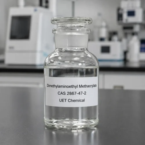 dimethylaminoethyl-methacrylate-cas-2867-47-2-clear-liquid-sample-glass-bottle Clear liquid sample of Dimethylaminoethyl Methacrylate CAS 2867-47-2 in a transparent glass bottle with ground-glass stopper on a lab bench, label showing product name and CAS number.