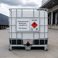 dimethylaminoethyl-methacrylate-cas-2867-47-2-white-ibc-tote-tank-with-un-2520-label White IBC tote tank of Dimethylaminoethyl Methacrylate CAS 2867-47-2 with UN 2520 label and flammable liquid (Class 3) and environmental hazard symbols, positioned outdoors near a container truck.