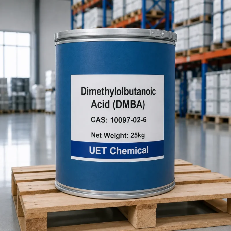 Blue fiber drum packaging of Dimethylolbutanoic Acid (DMBA) CAS 10097-02-6, net weight 25kg, placed on a wooden pallet in a warehouse, with label showing UET Chemical branding and product details.