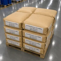 Stacked paper bags of Dimethylolbutanoic Acid (DMBA) CAS 10097-02-6 on a wooden pallet in a warehouse, each bag labeled with product name, CAS number, and UET Chemical branding, indicating bulk supply capability.