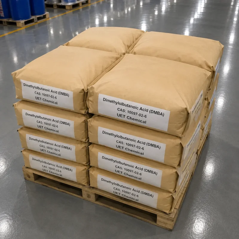 Stacked paper bags of Dimethylolbutanoic Acid (DMBA) CAS 10097-02-6 on a wooden pallet in a warehouse, each bag labeled with product name, CAS number, and UET Chemical branding, indicating bulk supply capability.