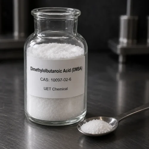 dimethylolbutanoic-acid-dmba-cas-10097-02-6-white-crystal-sample-glass-bottle White crystalline sample of Dimethylolbutanoic Acid (DMBA) CAS 10097-02-6 in a transparent glass reagent bottle with a stainless steel spoon beside it on a dark metal lab bench, label showing UET Chemical branding.