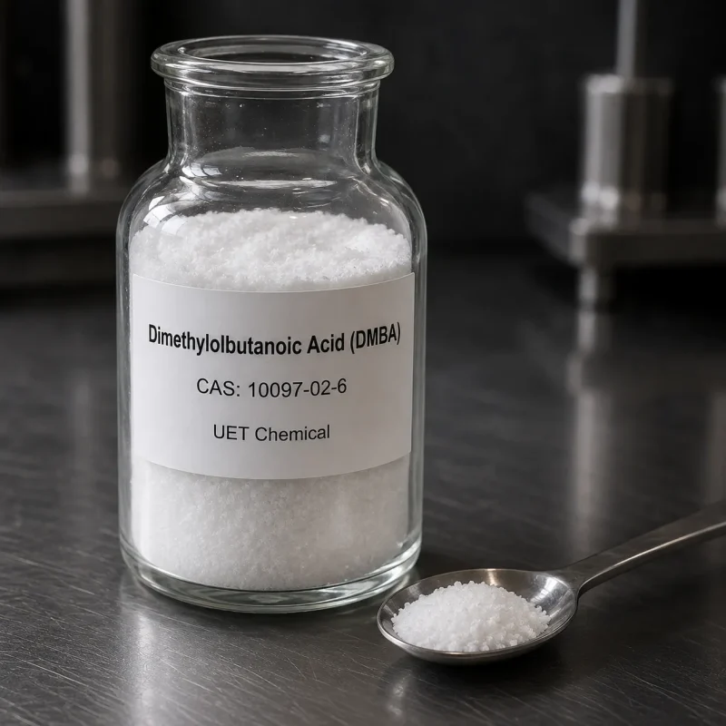 White crystalline sample of Dimethylolbutanoic Acid (DMBA) CAS 10097-02-6 in a transparent glass reagent bottle with a stainless steel spoon beside it on a dark metal lab bench, label showing UET Chemical branding.
