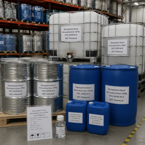 Bulk stock of Dipropylene Glycol Monomethyl Ether (DPM) CAS 34590-94-8 in 200 kg galvanized iron drums, blue HDPE drums and 1000 kg IBC totes at UET Chemical warehouse