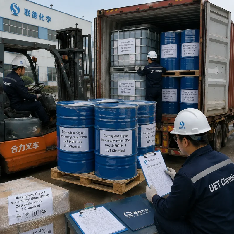 dipropylene-glycol-monomethyl-ether-dpm-cas-34590-94-8-container-loading-coa-inspection Workers loading Dipropylene Glycol Monomethyl Ether (DPM) CAS 34590-94-8 drums and IBC totes into shipping container by forklift while QC inspector checks Certificate of Analysis