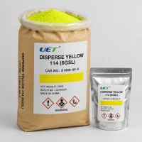 Disperse Yellow 114 (6GSL) CAS 61968-66-9 packed in 25kg kraft paper bag and 1kg foil sample pouch with UET label