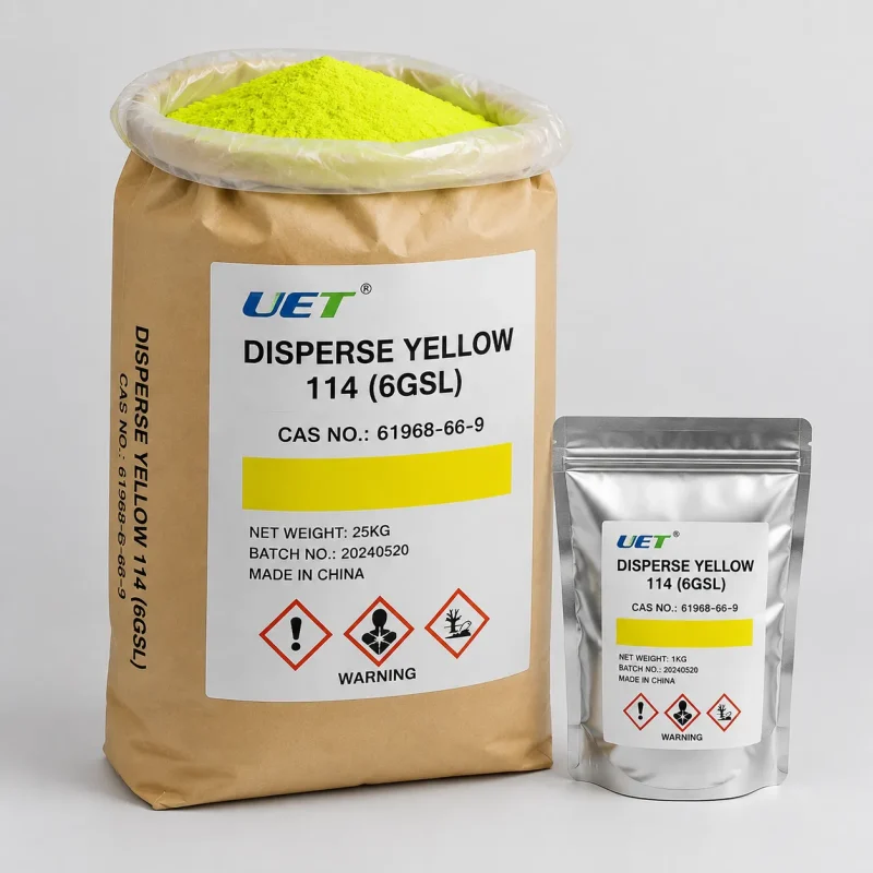 Disperse Yellow 114 (6GSL) CAS 61968-66-9 packed in 25kg kraft paper bag and 1kg foil sample pouch with UET label