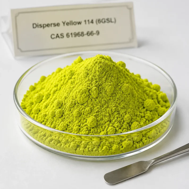 Bright yellow-green Disperse Yellow 114 (6GSL) powder CAS 61968-66-9 in a glass dish with product label card